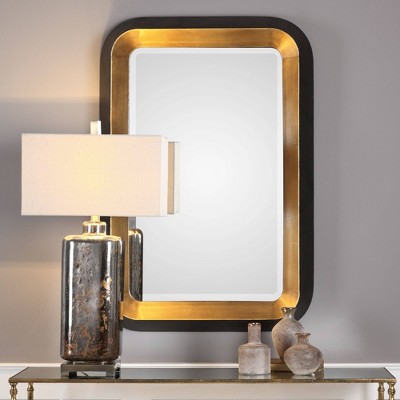 Transitional Antiqued Gold & Black Rectangular Wall Mirror 28" Wide