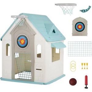 Kids Cottage Playhouse with Magnetic Dartboard,Basketball Hoop,Ring Toss & Soccer Goal - 1 of 4