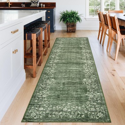 Washable Modern Floral Bordered Rug, Low-Pile Non-Slip Indoor Carpet, Stain-Resistant Floor Cover for Living Room, Bedroom, Dining, Office
