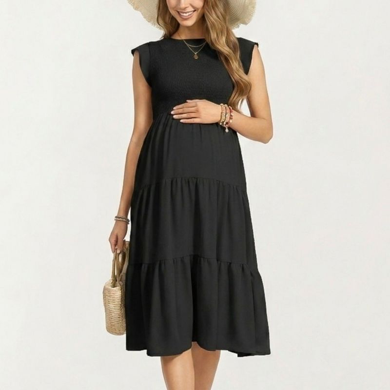 Anna-Kaci Women's Maternity Smocked Tiered Midi Dress with Cap Sleeves and Round Neck - Small, Black