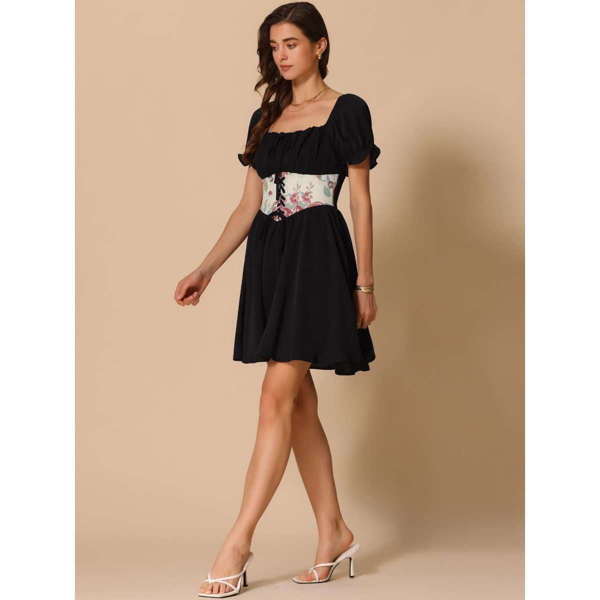Женские платья INSPIRE CHIC Women's Corset Mini Square Neck Short Sleeve Patchwork Smocked Dress Black Medium — фото 2