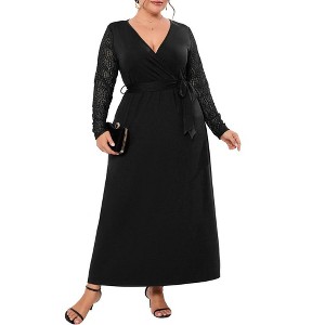 Plus Size Formal Maxi Dress for Curvy Women Wrap V Neck Dress Wedding Guest Dresses Lace Long Sleeve Fall Dress - 1 of 4