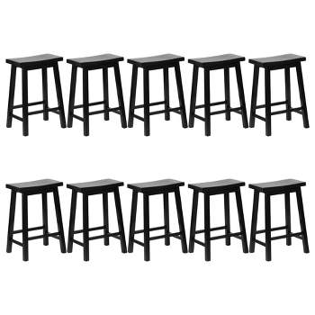 PJ Wood Classic Saddle-Seat 24" Tall Kitchen Counter Stools for Homes, Dining Spaces, and Bars w/Backless Seats, 4 Square Legs, Black (Set of 10)