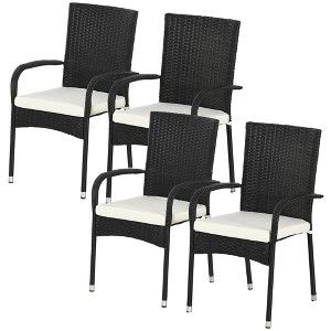 Stackable 4 PE Rattan Outdoor Dining Chairs with Cushions, Patio Wicker Dining Chairs with Armrests & Backrest - 1 of 4