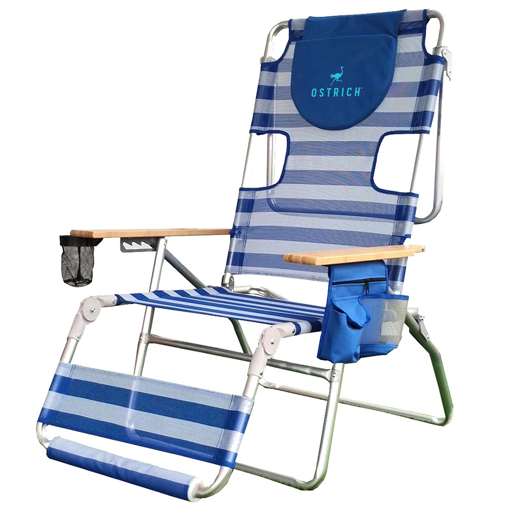 Ostrich The Altitude 3N1 Lightweight Beach Reclining Lounge Chair w/ Footrest, Outdoor Furniture for Patio, Balcony, Backyard, or Porch, Blue Stripe
