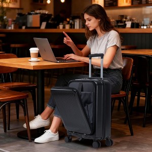 14"/20" 2 Pcs/Set ABS Spinner Wheel Luggage, Front Opening, Combination Lock, Cosmetic Case, Black -- Frevyn - 1 of 4