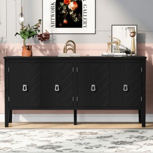 Timeless 4-Door Sideboard Cabinet with Geometric Line Design & Vintage Metal Handles, Ideal for Living Rooms, Foyers, and Study Areas - 1 of 4