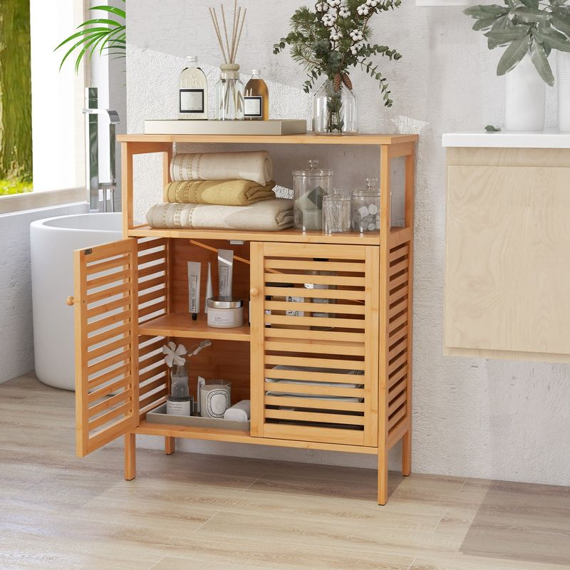 Costway Bamboo Storage Cabinet with Double Louvered Doors Open Shelf & Removable Shelf, 2 of 11