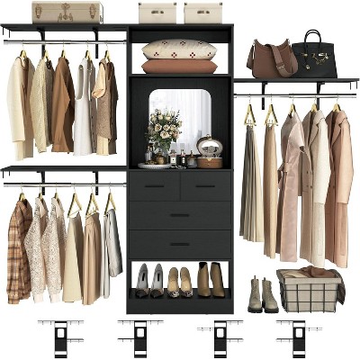 Aheaplus Closet Organizer with Drawer, Closet System with Mirror and Hanging Rod