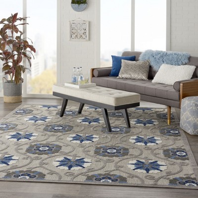 Aloha Floral Blue/Grey Synthetic 9'6" x 13' Indoor/Outdoor Rug