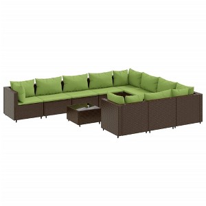 vidaXL Patio Sofa Set 11 Piece Brown - Poly Rattan Outdoor Furniture Lounge/Garden Seats with Cushions, Tempered Glass Tabletop - 1 of 4