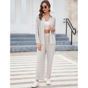Women's Summer Casual Two-Piece Set with Wide Leg Pants and Button Down Shirt - 1 of 4