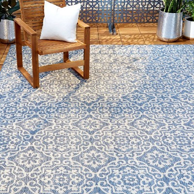 Blue and Gray Synthetic Medallion 9' x 12' Rectangular Area Rug