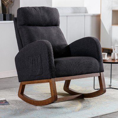 MOONMISS  Modern Linen Glider Chair with Wood Legs and Side Pocket, Rocking Accent Chair with High Back for Living Room Bedroom