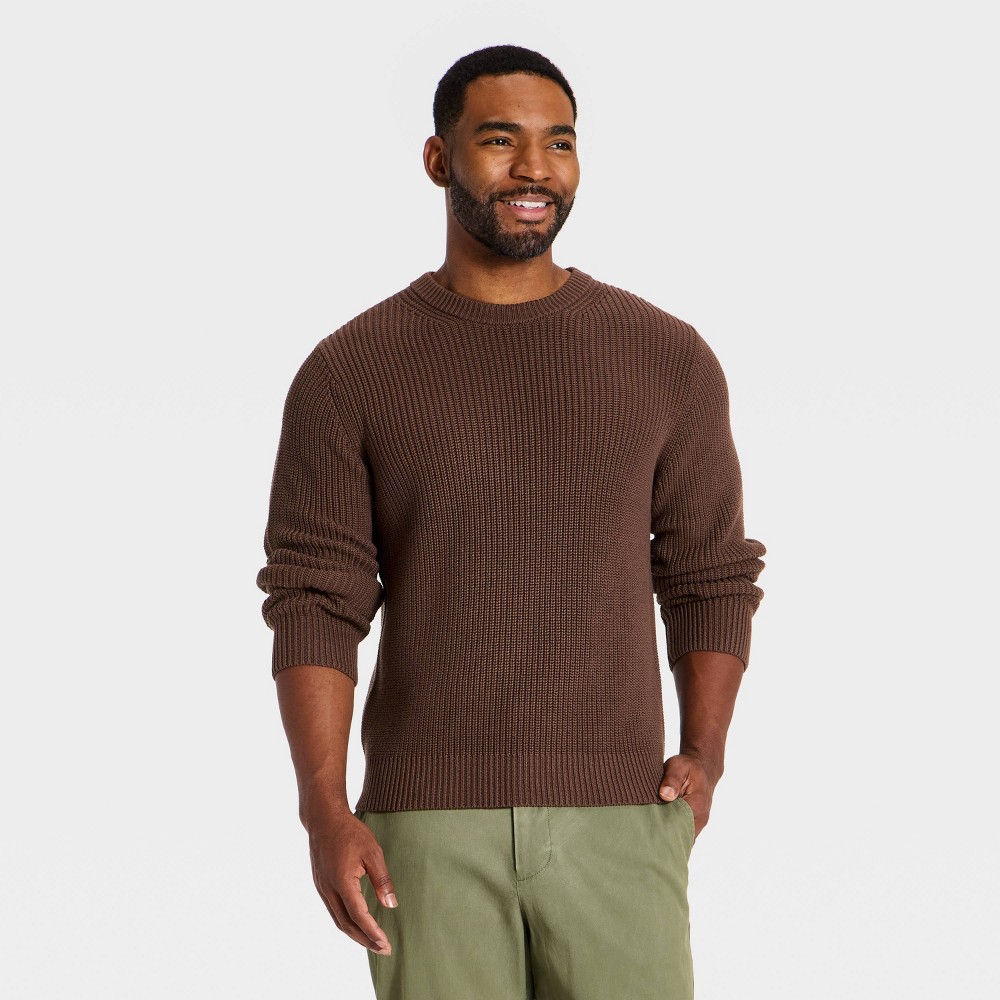 Men's Long Sleeve Cotton Textured Crewneck Pullover Sweater - Goodfellow & Co™ Brown M