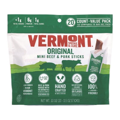 Vermont Smoke and Cure Original Flavor Mini Snack Sticks, Beef, 0.5 oz Individually Wrapped, 20/Carton