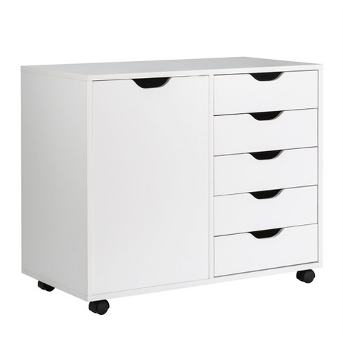 5 Drawers Chest, Wood Storage Dresser with Wheels, Craft Storage Organizer and Storage Drawer Office Drawer Unit - White