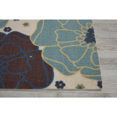 Light Blue Floral Synthetic Flat Woven Runner Rug