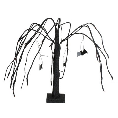 Northlight 24" Prelit Glitter Cascading Halloween Willow Tree with Bats - Orange/Black