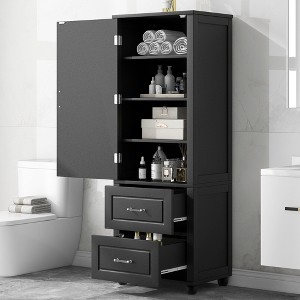 TiramisuBest Tall Bathroom Storage Cabinet, Freestanding Storage Cabinet with Two Drawers and Adjustable Shelf, MDF Board with Painted Finish, Black - 1 of 4