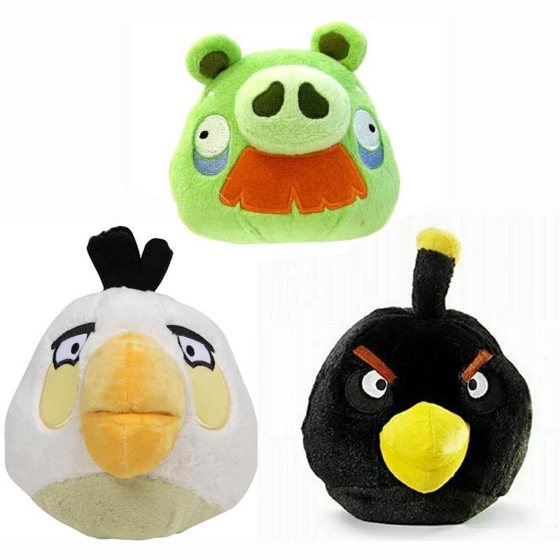 Commonwealth Toys Angry Birds Plush 5" 3 Pack Assortment Moustache Pig, Black Bird, White Bird, 1 of 2
