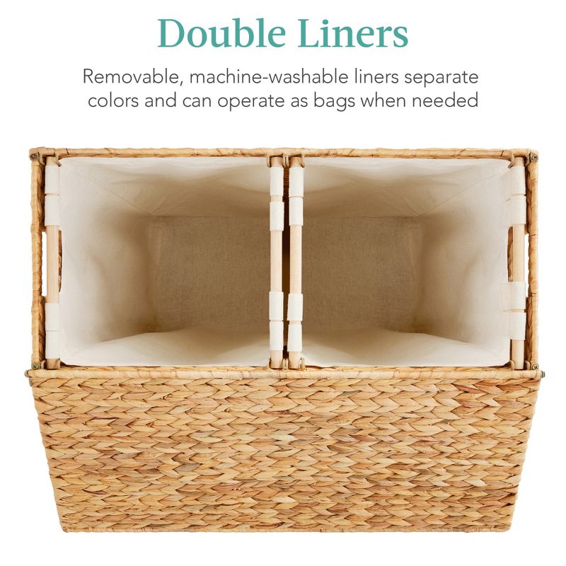 Best Choice Products Large Natural Water Hyacinth Double Laundry Hamper Basket w/ 2 Liner Bags, Handles, 4 of 9