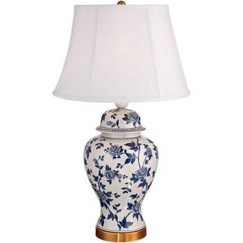 Barnes and Ivy Traditional Table Lamp 25" High Crackle Ceramic Blue and White Rose Vine Temple Jar White Bell Shade for Living Room Family