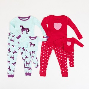 Leveret Girls Cotton Pajamas with Matching Doll Outfit – 2 Pack – Unicorn & Hearts - 1 of 4