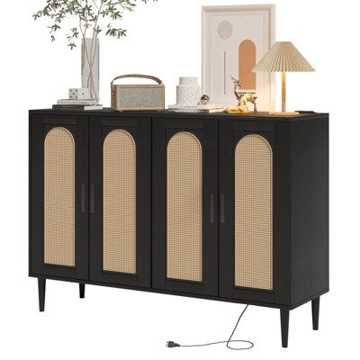 Homhougo Rattan Sideboard Buffet Cabinet, 4 Doors Accent Storage Cabinet, Console Table Coffee Bar with Power Outlet Black