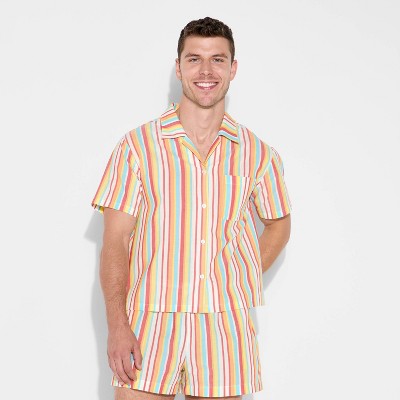 Pride Adult Short Sleeve Woven Rainbow Pajama Top - Ivory Striped