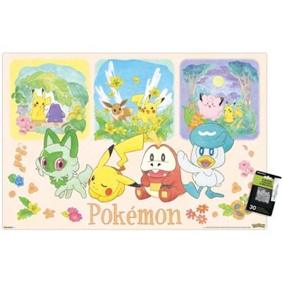 Trends International Pokémon: One Scene - Group Unframed Wall Poster Print Clear Push Pins Bundle 22.375" x 34"