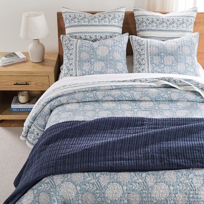 Adare Blue and White Cotton Floral Full/Queen Quilt Set