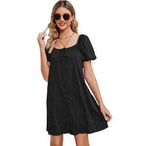 Clearlove Women Summer Back Bow Tie Mini Dress Square Neck Puff Short Sleeve A Line Dress - 1 of 4