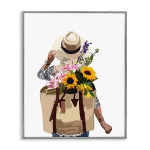 Stupell Industries Woman Carrying Floral Backpack Framed Giclee Art, Gray, 16" x 20" - 1 of 4