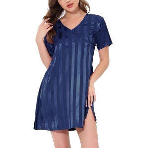 cheibear Women's Short Sleeve Mini length Striped Pajama Dress - 1 of 4
