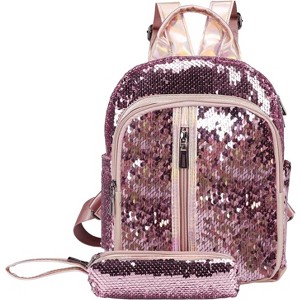 Sequin Backpack 11" Mini Sequin Backpack Glitter Backpack Fashion Backpack Purse School Bookbag for Girls Kids Women Ladies - Rose Pink - 1 of 3