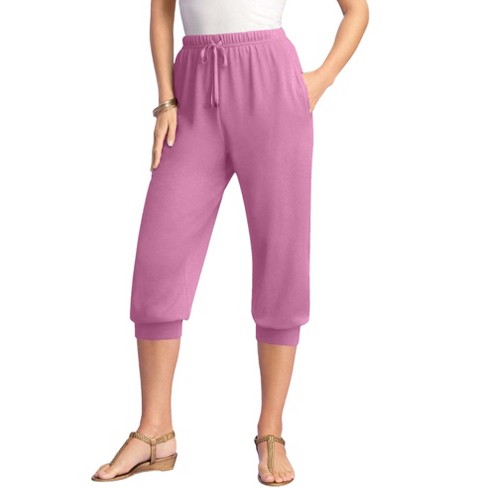 Roaman's Women's Plus Size Drawstring Soft Knit Capri Pant - M, Pink ...