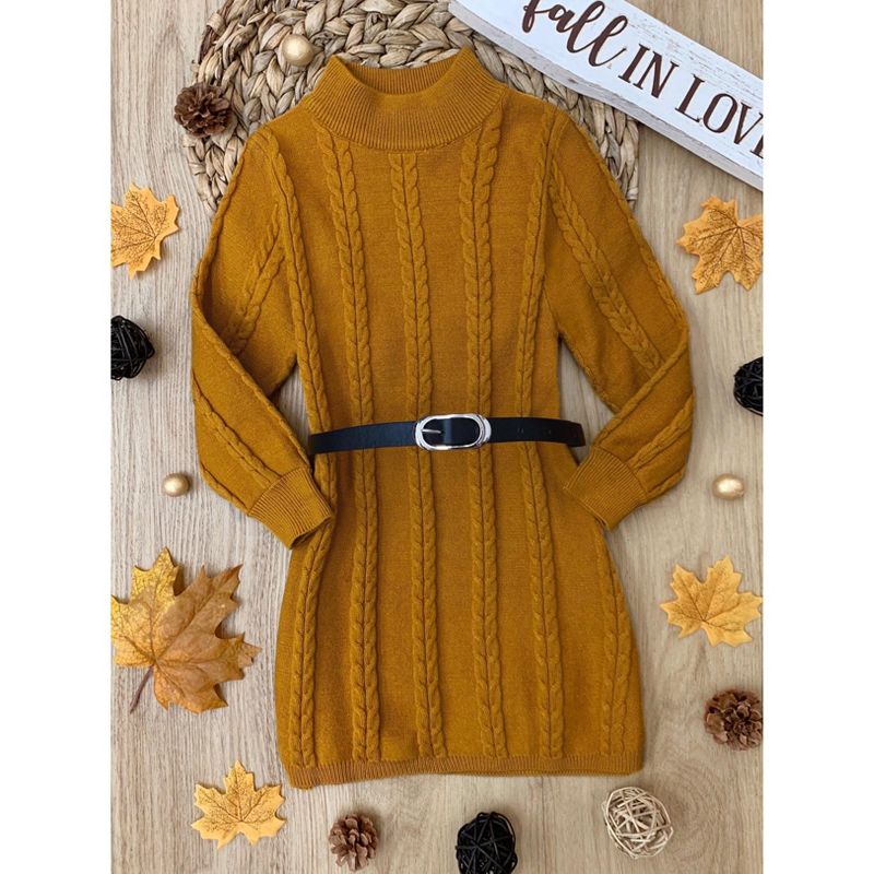 Girls Marigold Glam Cable Knit Belted Sweater Dress - Mia Belle Girls, 2 of 4