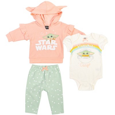 Image of Star Wars The Mandalorian The Child Newborn Baby Girls Fleece Pullover Hoodie Bodysuit and Pants 3 Piece Outfit 3-6 Months