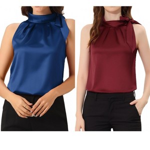 INSPIRE CHIC Women's Elegant Satin Sleeveless Bow Tie Mock Neck Solid Work Blouse 2 Packs - 1 of 4