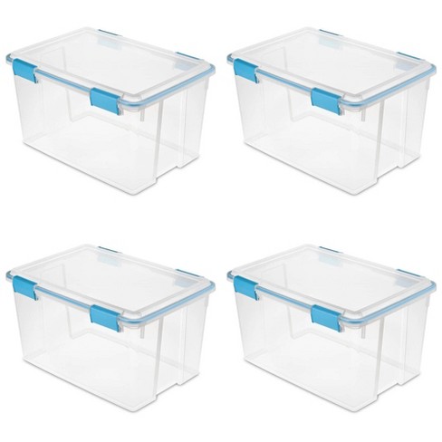 Sterilite 54 Qt Gasket Box, Stackable Storage Bin with Latching Lid and  Tight Seal, Plastic Container to Organize Basement, Clear Base and Lid,  4-Pack