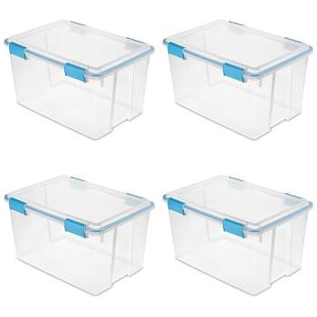Sterilite 54 Qt Gasket Box, Stackable Storage Bin with Latching Lid and Tight Seal, Plastic Container to Organize Basement, Clear Base and Lid, 4-Pack