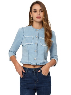 Allegra K Women's Cropped Denim Jacket 3/4 Sleeves Frayed Casual Collarless Jean Jackets