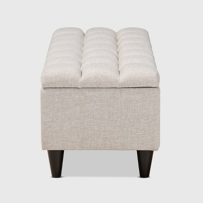 Beige Tufted Fabric Storage Bench with Dark Wood Legs