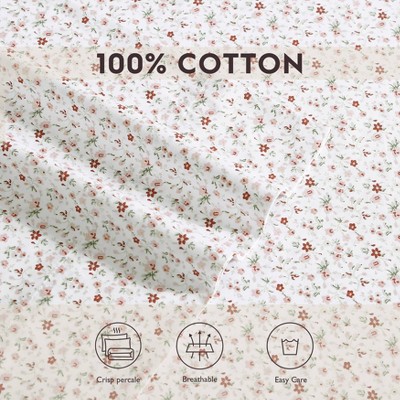 Queen Blue Cotton Percale Floral Print Sheet Set