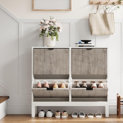 4-Tier Flip Drawer Shoe Storage Cabinet, Farmhouse Style Fluted Organizer with Metal Legs, Slim Freestanding Shoe Rack for Entryway, Hallway