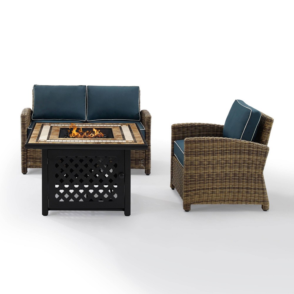 Photos - Garden Furniture Crosley 3pc Bradenton Outdoor Steel Fire Pit Set Navy/Weathered Brown  