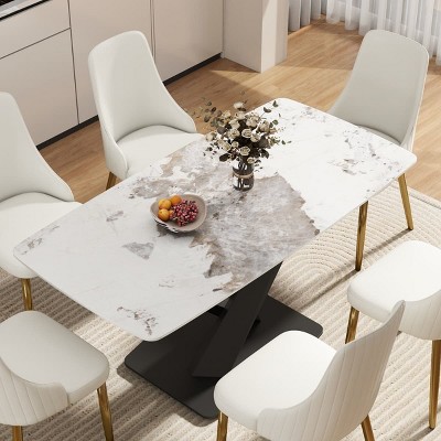 Modern Artificial Dining Table for 6, Sintered Stone Top Kitchen Table, Curved Edge Table with Black X-shaped Metal Legs-The Pop Home