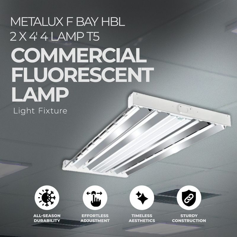 Metalux F Bay HBL 2 x 4 Foot 4 Lamp T5 Commercial Fluorescent Lamp Light Fixture, for Retail, Industrial, and Warehouse Applications, 2 of 7