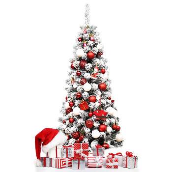 Tangkula Pencil Artificial Christmas Tree Snow Flocked Pencil Tree with Flexible Stand